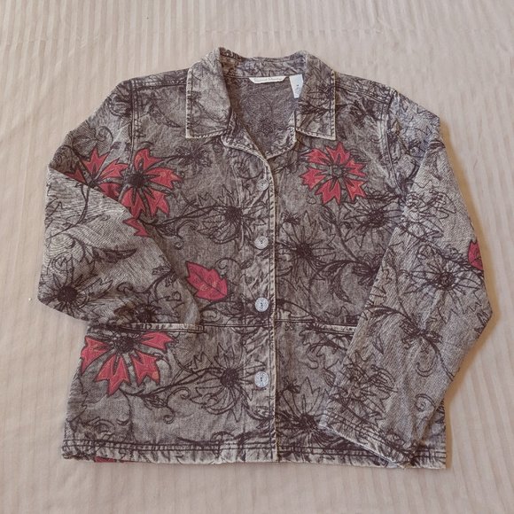 FRENCH LAUNDRY Black Wash Boho Denim Jacket Floral Embroidery - Picture 1 of 10